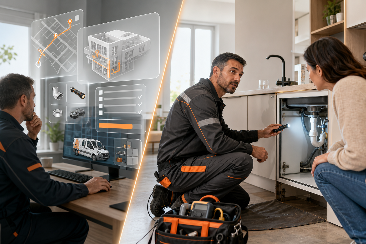 Illustration professionnelle du service : Ce que l’IA peut préparer avant l’intervention — et ce que seul le professionnel confirme sur place