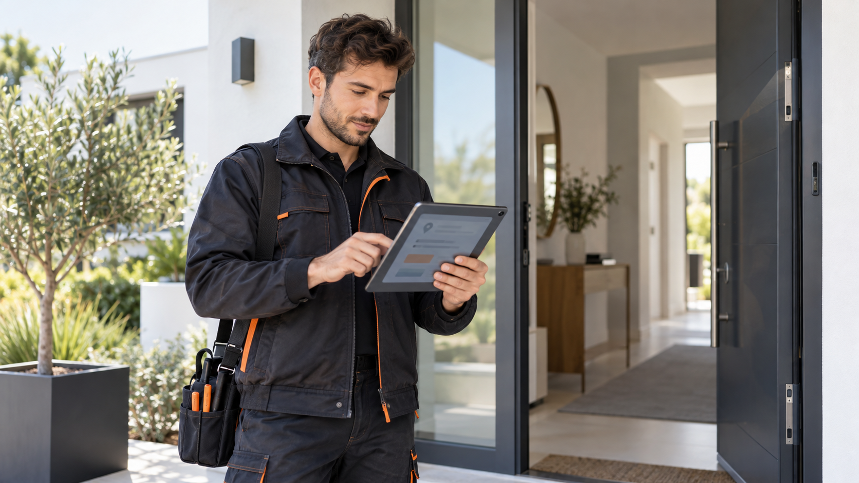 Un professionnel prépare une intervention sur sa tablette dans un logement lumineux.