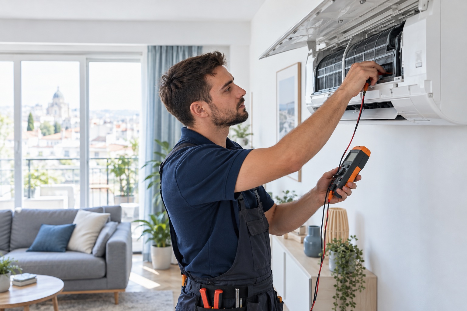 Deux professionnels portant un canapé avec des sangles dans un logement lumineux à Drap
